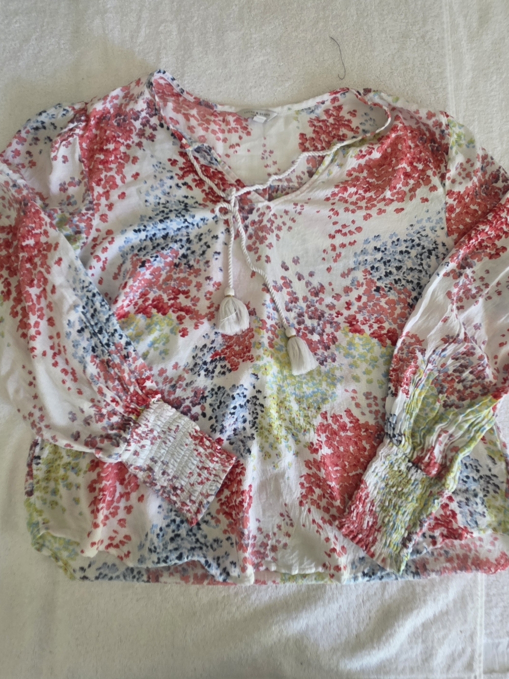 Lucky Brand Watercolor Floral Boho Peasant Blouse Tassel Tie